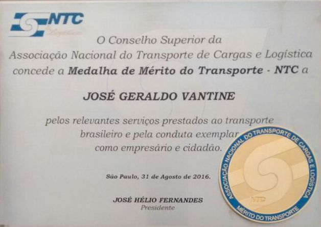 JG VANTINE RECEBE MEDALHA DE MÉRITO DA NTC&LOGÍSTICA