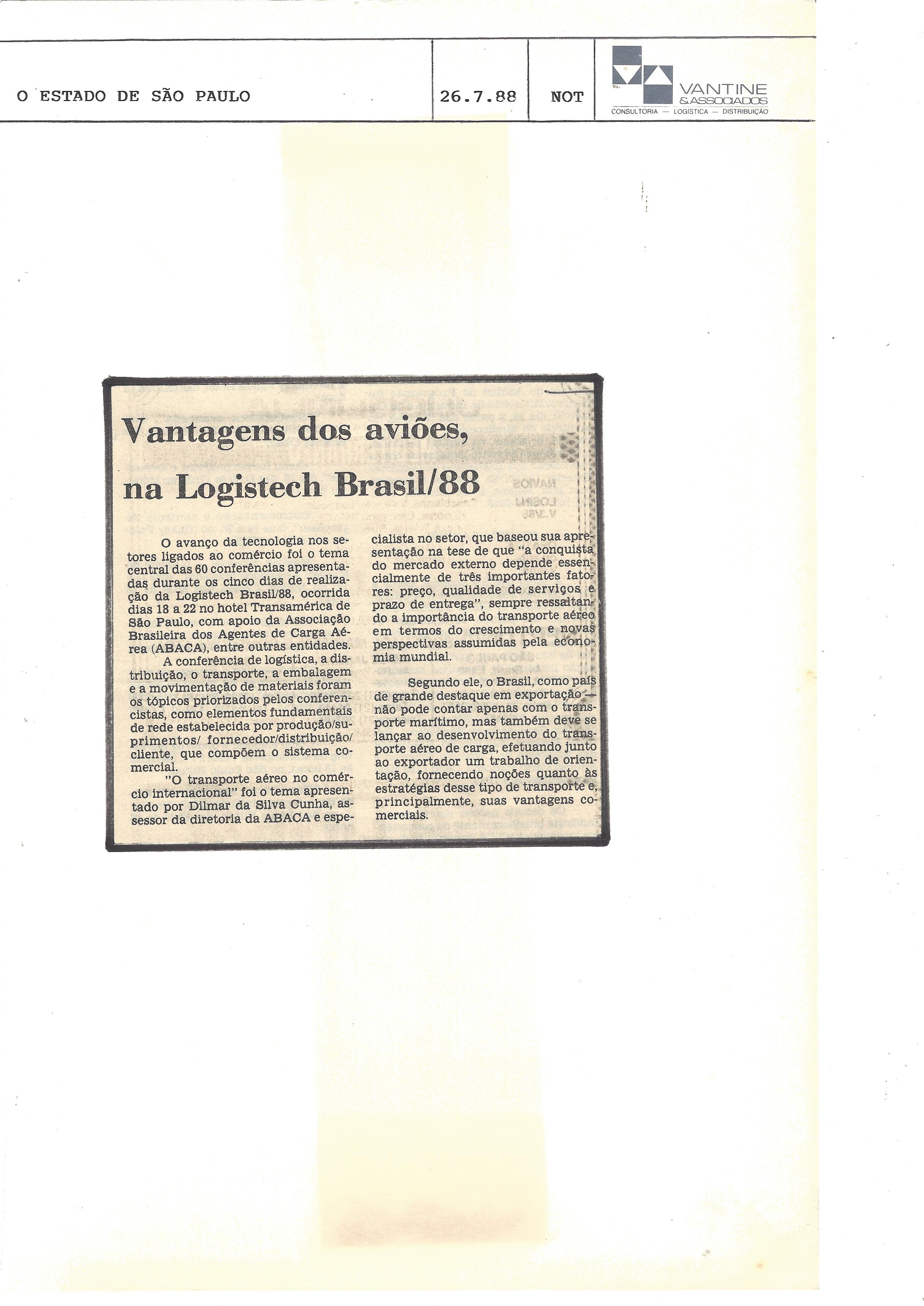 vantagens dos aviões, na logistech brasil’88 – o estado de são paulo